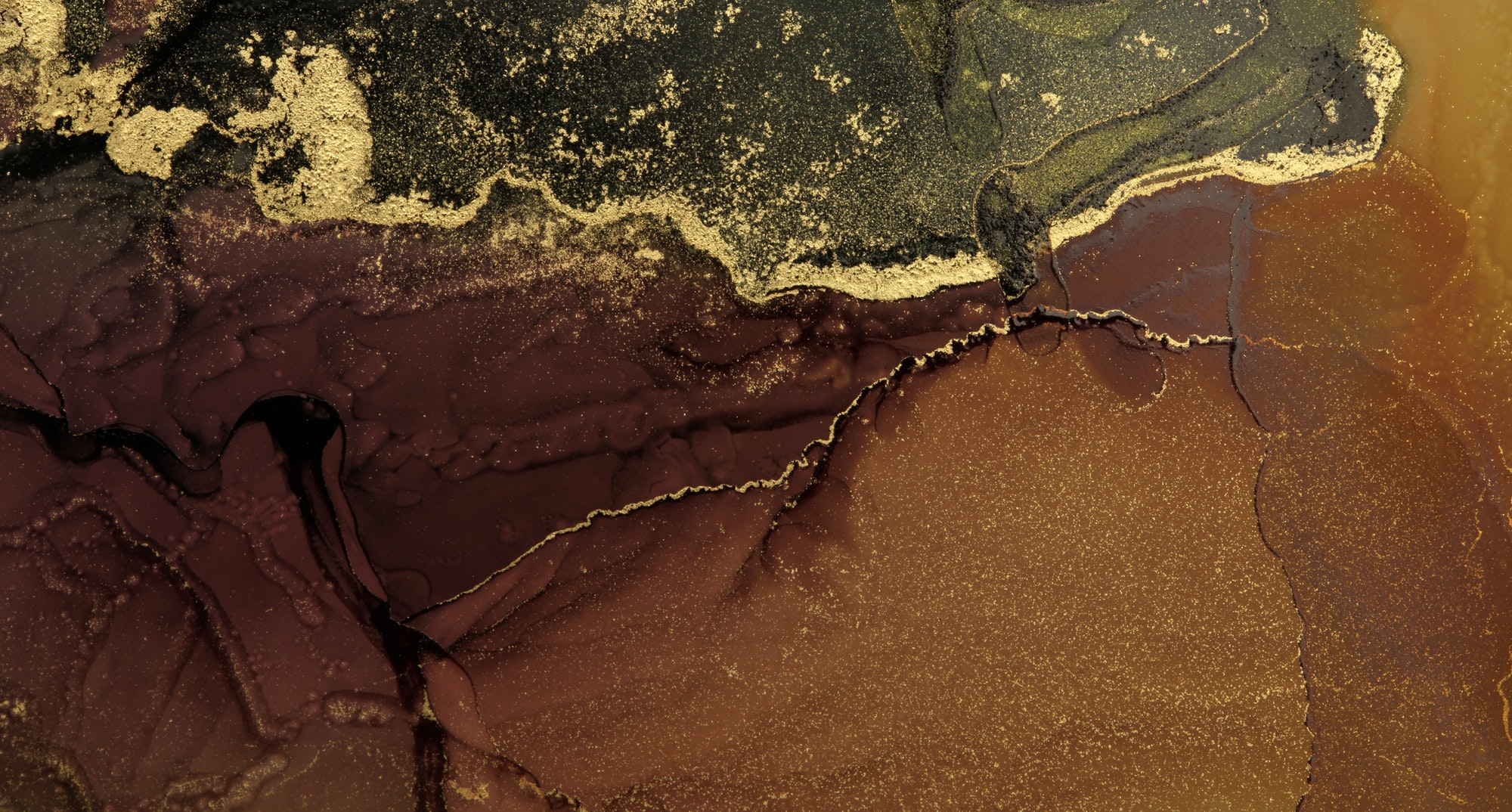 Abstract brown green wave blots background. Alcohol ink colors. Marble texture.